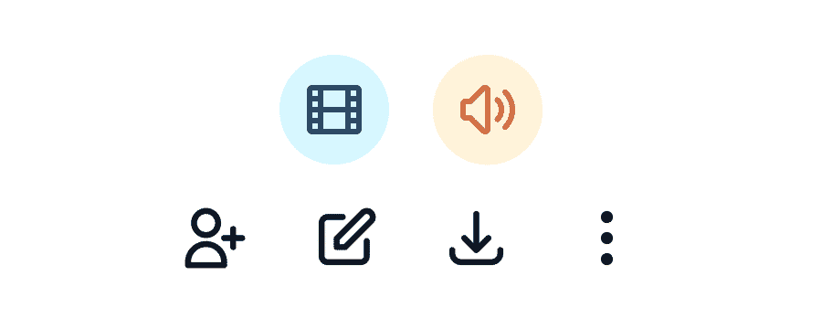 An image of the new icons within Caption.Ed: a blue circle with a film reel in it depicting video and a yellow circle with a speaker on it depicting audio. There are also four icons underneath which depict the different changes you can make to your file (such as download or rename).