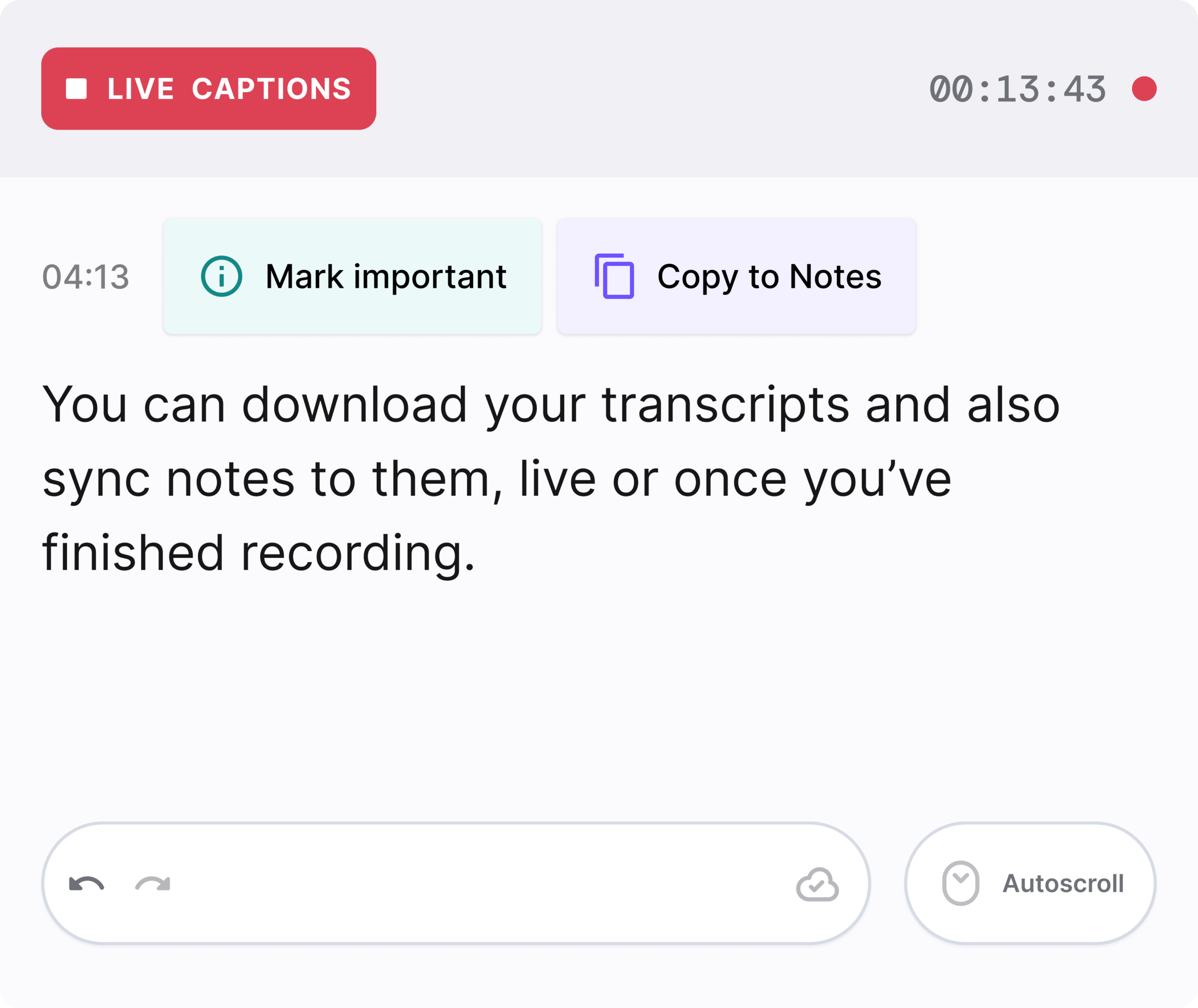 The Caption.Ed interface, with a red 'Live Captions' signal button at the top and the text: You can download your transcripts and also sync notes to them, live or once you've finished recording.