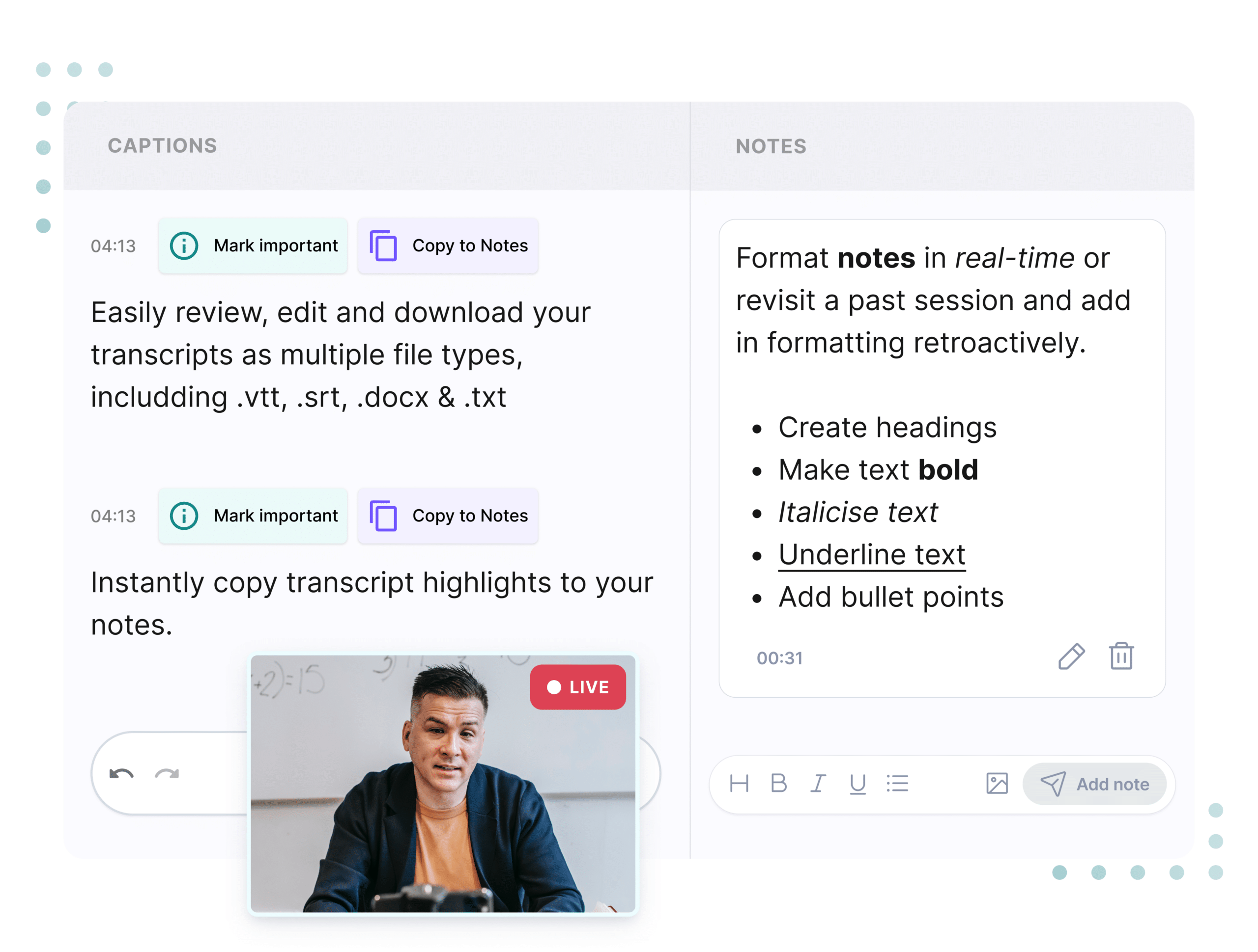 The Caption.Ed user interface with the captions: Easily review, edit and download your transcripts as multiple file types, including .vtt, .srt, .docx & .txt. Instantly copy transcript highlights to your notes.